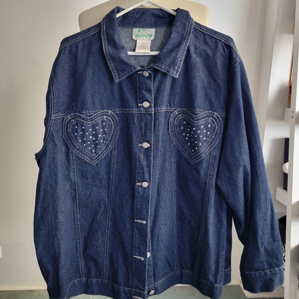 CLEARANCE - Quacker Factory Blue Denim Heart Rhinestone Jacket (SIZE: 2X)